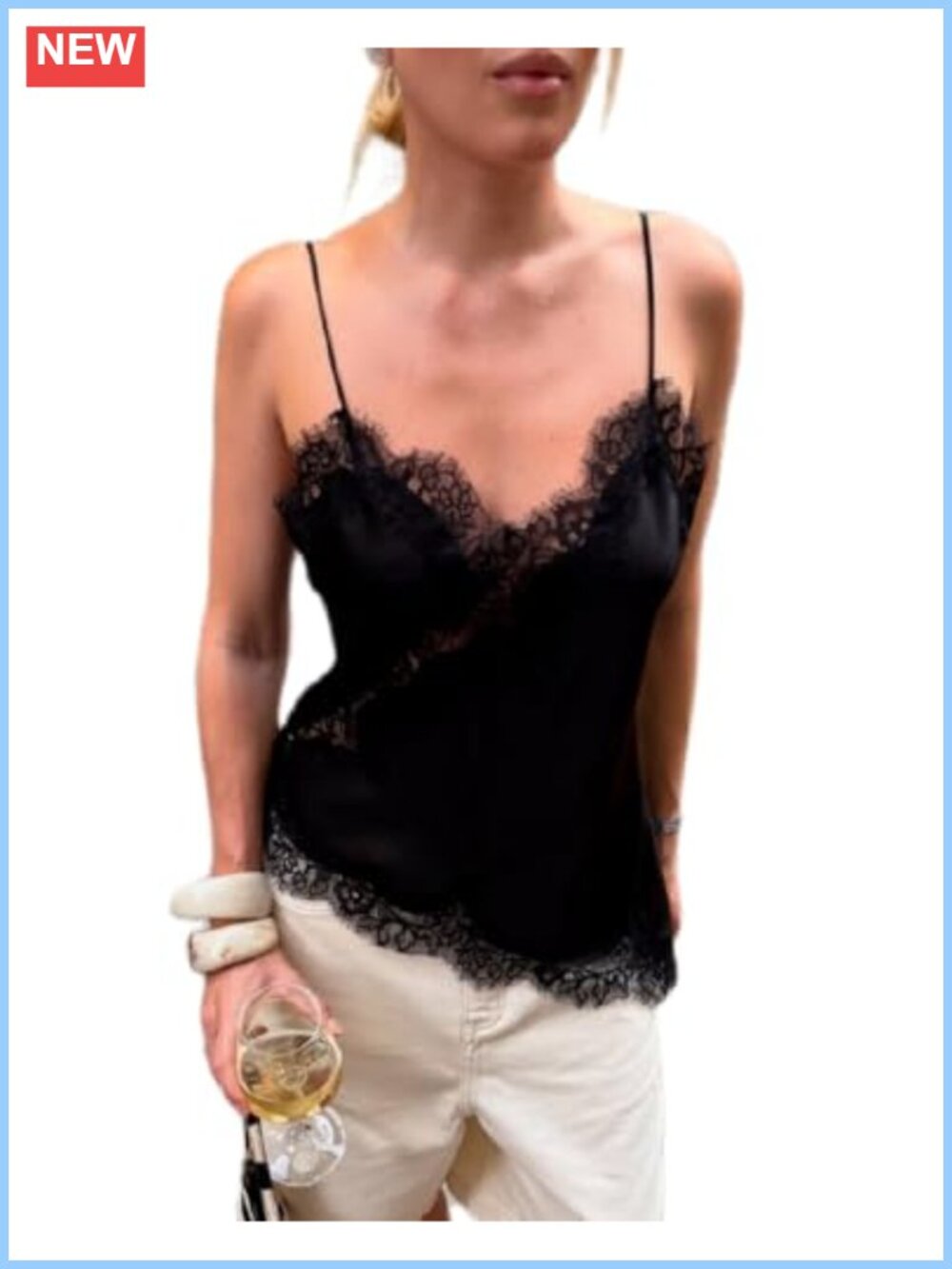 Lace Trim Satin Tank Top V Neck Silk Camisole Asymmetrical Backless Spaghetti